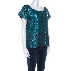 Alice + Olivia Teal Blue & Black Sequinned Cap Sleeves Top L