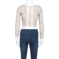 Pre Owned Alice + Olivia Beige Embellished Long Sleeve Lacey Crop Top S