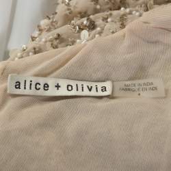 Pre Owned Alice + Olivia Beige Embellished Long Sleeve Lacey Crop Top S