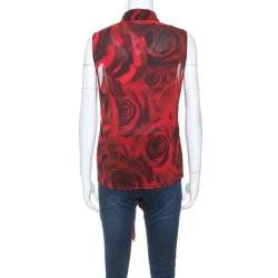 Pre Owned Alice + Olivia Red Rose Print Silk Tie Neck Detail Sleeveless Top M