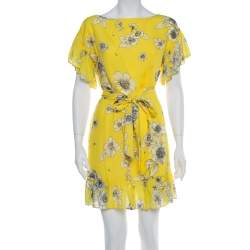 Alice + Olivia Yellow Floral Print Chiffon Ruffled Ellamae Dress XS