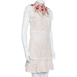 Pre Owned Alice + Olivia Cream Lace Embellished Fit & Flare Francine Mini Dress M