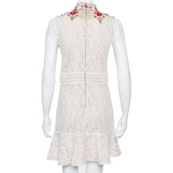 Pre Owned Alice + Olivia Cream Lace Embellished Fit & Flare Francine Mini Dress M