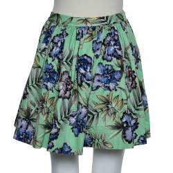 Alice +Olivia Green Floral Printed Cotton Pleated Tania Skirt S