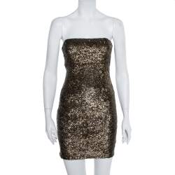 Pre Owned Alice + Olivia Gold Sequin Embellished Strapless Mini Dress S