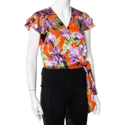 Pre Owned Alice + Olivia Orange Floral Devore Wrap Top L