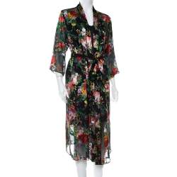 Alice + Olivia Black Rose Printed Devore Belted Robe XS