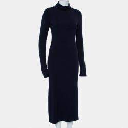 Pre Owned Alice + Olivia Navy Blue Knit Turtle Neck Long Sleeve Slit Detail Maxi Dress M