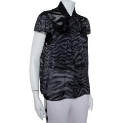 Pre Owned Alice + Olivia Black Burnout Silk Neck Tie Detail Button Front Shirt L