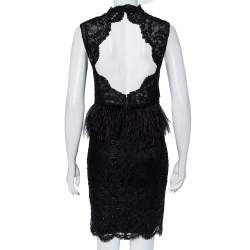 Pre Owned Alice + Olivia Black Embellished Lace & Feather Trim Patricia Peplum Dress S