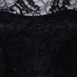 Pre Owned Alice + Olivia Black Embellished Lace & Feather Trim Patricia Peplum Dress S