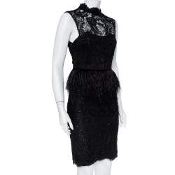 Pre Owned Alice + Olivia Black Embellished Lace & Feather Trim Patricia Peplum Dress S