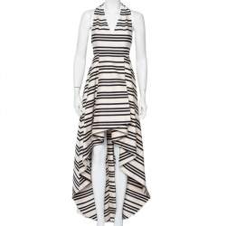 Pre Owned Alice + Olivia Beige & Black Striped Cotton Pleated High Low Hem Aveena Gown S