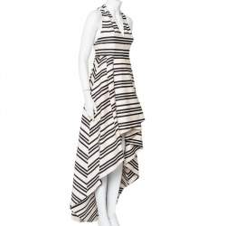 Pre Owned Alice + Olivia Beige & Black Striped Cotton Pleated High Low Hem Aveena Gown S