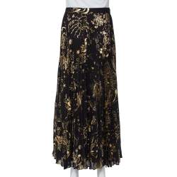 Pre Owned Alice + Olivia Black Metallic Sun Printed Plisse Maxi Skirt S