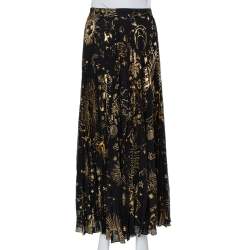 Pre Owned Alice + Olivia Black Metallic Sun Printed Plisse Maxi Skirt S