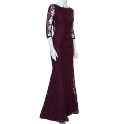 Pre Owned Alice + Olivia Purple Lace Open Back Fishtail Detail Gown S
