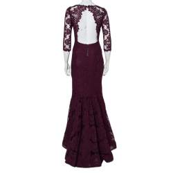 Pre Owned Alice + Olivia Purple Lace Open Back Fishtail Detail Gown S