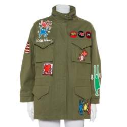 Pre Owned Alice + Olivia & Keith Harring Green Denim Patchwork Detail Russo Jacket M