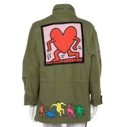 Pre Owned Alice + Olivia & Keith Harring Green Denim Patchwork Detail Russo Jacket M