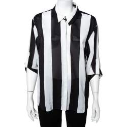 Pre Owned Alice + Olivia Monochrome Striped Chiffon Button Front Shirt L