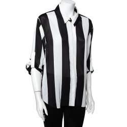 Pre Owned Alice + Olivia Monochrome Striped Chiffon Button Front Shirt L