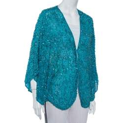 Alice + Olivia Blue Bead Embellished Chiffon Open Front Draped Shrug L