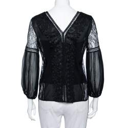 Pre Owned Alice + Olivia Black Lace & Chiffon  Floral Applique Detail Plunge Neck Top S