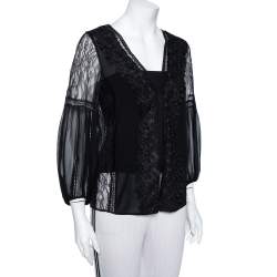 Pre Owned Alice + Olivia Black Lace & Chiffon  Floral Applique Detail Plunge Neck Top S