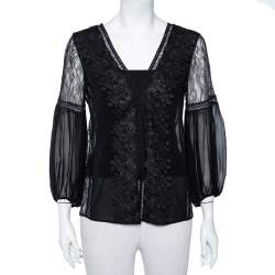 Pre Owned Alice + Olivia Black Lace & Chiffon  Floral Applique Detail Plunge Neck Top S