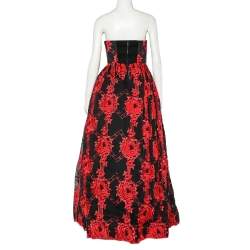 Pre Owned Alice + Olivia Black & Red Floral Embroidered Strapless Gown XS   