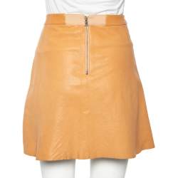 Pre Owned Alice + Olivia Camel Brown Leather Pleat Detail Mini Skirt M