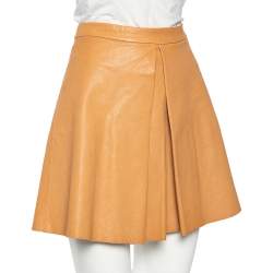 Pre Owned Alice + Olivia Camel Brown Leather Pleat Detail Mini Skirt M