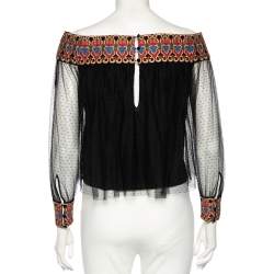 Alice + Olivia Black Embroidered Tulle Off-Shoulder Blouse XS
