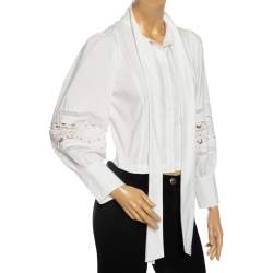 Pre Owned Alice + Olivia White Eyelet Cotton Neck-Tie Detailed Shirt S