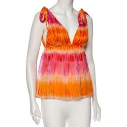 Pre Owned Alice + Olivia Orange & Pink Silk Plunge Neck Tie-Up Detail Top S