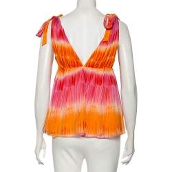 Pre Owned Alice + Olivia Orange & Pink Silk Plunge Neck Tie-Up Detail Top S