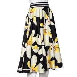 Alice + Olivia Black Magnolia Print Cotton Dianna Midi Skirt L
