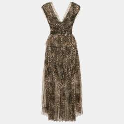 Pre Owned All Saints Brown Leopard Print Tulle Pleated Midi Dress S