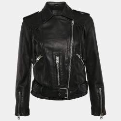 All Saints Black Leather Zip-Up Tassel Detail Balfern Biker Jacket S