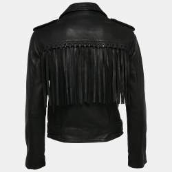 All Saints Black Leather Zip-Up Tassel Detail Balfern Biker Jacket S