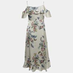 Pre Owned All Saints Sage Green Printed Satin Orion Sanibel Midi Dress M