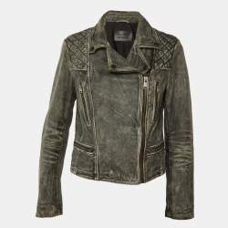 Pre Owned جاكيت All Saints جلد رمادي كلاسيكي بنمط كارغو بايكر مقاس وسط (ميديوم)
