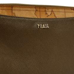 Pre Owned Alviero Martini 1A Classe Metallic Green/Tan Geo Print Coated Canvas and Leather Zip Shoulder Bag