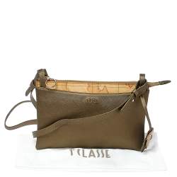 Pre Owned Alviero Martini 1A Classe Metallic Green/Tan Geo Print Coated Canvas and Leather Zip Shoulder Bag