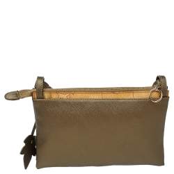 Pre Owned Alviero Martini 1A Classe Metallic Green/Tan Geo Print Coated Canvas and Leather Zip Shoulder Bag