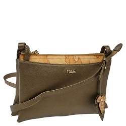 Pre Owned Alviero Martini 1A Classe Metallic Green/Tan Geo Print Coated Canvas and Leather Zip Shoulder Bag