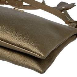 Pre Owned Alviero Martini 1A Classe Metallic Green/Tan Geo Print Coated Canvas and Leather Zip Shoulder Bag