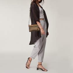 Pre Owned Alviero Martini 1A Classe Metallic Green/Tan Geo Print Coated Canvas and Leather Zip Shoulder Bag