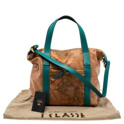 Pre Owned Alviero Martini 1A Classe Tan/Green Geo Print Coated Canvas and Leather Zip Tote